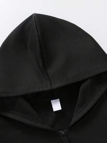 Minimalist Street Style Boys Full Zip Hooded Jacket, Vintage Samurai Rider Embroidery Chest Decor, Soft Autumn/Winter Campus Top - Black - View 5