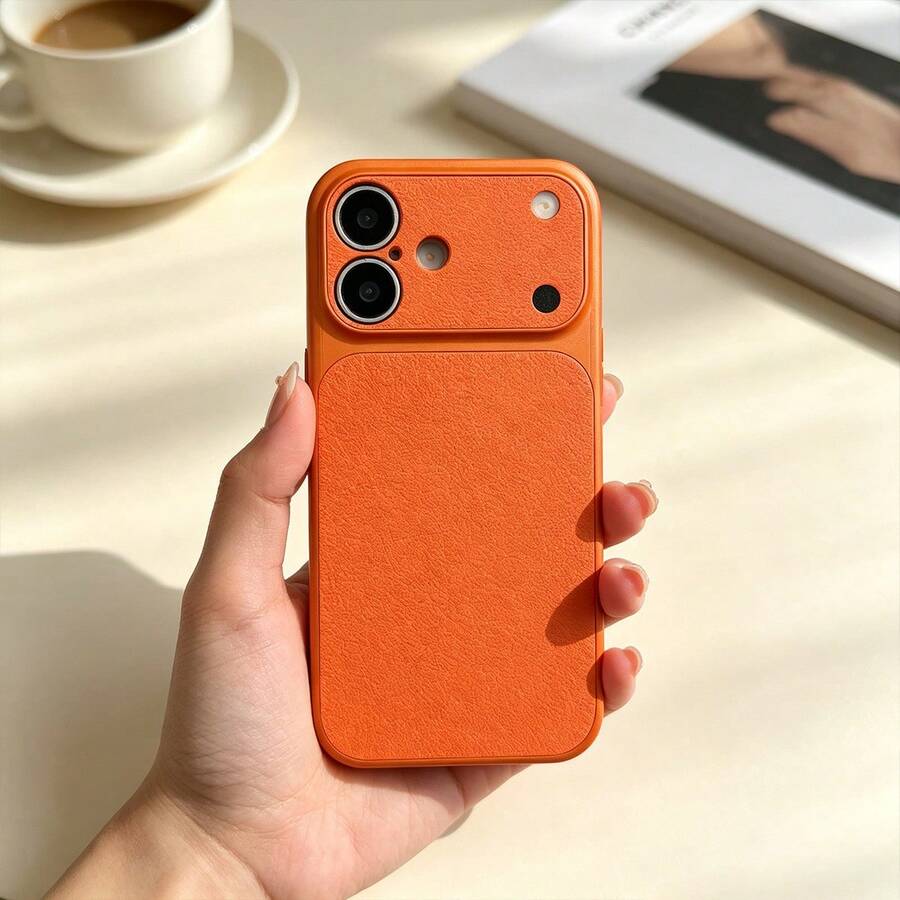 Compatible With IPhone 17/17 Pro/17 Pro Max/16/15/14/13/12/11 Series Phone Case, 1pc Ins Litchi Leather Texture Large Window Design, Full Coverage Anti-Drop Protective Phone Case, 17 Pro Max Phone Case, Fashion Anti-Drop Full Coverage Phone Case - Orange - View 1