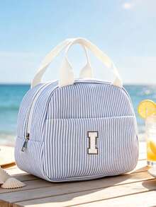 Striped Lunch Bag, Initial Pattern, Insulated Lunch Bag, Handheld Lunch Bag, Multi-Functional Insulated Bag, Office Lunch Bag, Picnic Bag, Lightweight Handbag, Suitable For School, Office, Picnic, Reusable, Back To School Essential, Unique Party Gift, Back To School Gift, New Job Gift, Birthday Gift - Multicolor - View 8