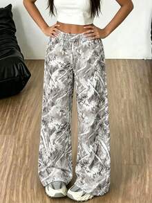 Women's Street Style Wide Leg Pants, Grey Abstract Tie-Dye Print, Soft Casual Long Pants - Multicolor - View 1