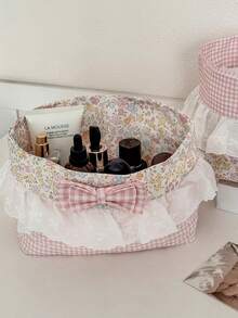 1pc Floral Lace Fabric Storage Basket Sweet Gentle Style Mother-Daughter Set Foldable Bedroom Dormitory Desktop Cosmetics Small Items Digital Products Organizer Container Home Decor Gift - View 8