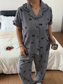 Sweet Bow & Heart Print Soft Pajama Set For Women, Short Sleeve Button Collar Cropped Top With Shorts, Soft Skin-Friendly Loungewear, Loose Slimming Fit, Machine Washable & Easy Care, Simple Versatile Style For Home & Casual Wear, Suitable For Daily Outings - Multicolor - View 6