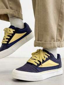 Unisex Fashion Versatile One-Piece Craft Contrast Color Side Triangle Minimalist Pattern Round Toe Low-Top Lace-Up Flat Skate Shoes Retro Style Daily Casual Navy Blue Yellow Canvas Sneakers - Navy Blue - View 4