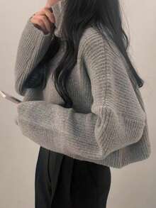 Grey Ribbed Turtleneck Cropped Sweater, Loose Slouchy Slimming Versatile Autumn/Winter Knit Top - Grey - View 3