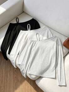 3pcs Tween Girl One Shoulder Cold Shoulder Long T-Shirt, Solid Color Basic Layering Top, 8-12 Years Old Girls Long Sleeve Casual All Season - Black and White - View 2