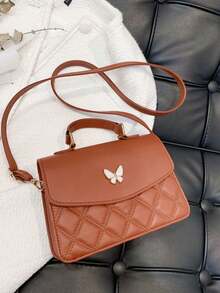 Classic Flap Crossbody Bag Embossed Grid Texture Butterfly Decor Compact Size Lightweight Daily Storage Handbag - Khaki - View 4
