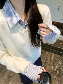 Setelan 2 Potong Gaya Korea Musim Semi/Gugur untuk Wanita: Sweater Berkerah dan Kemeja Rajut. - Putih - View 4