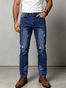 Men's 4-Way Stretch Slim Tapered Water Ripple Washed Soft Touch Distressed Jeans - Blue - View 1