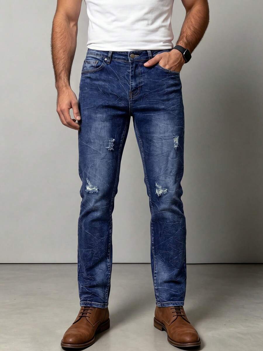 Men's 4-Way Stretch Slim Tapered Water Ripple Washed Soft Touch Distressed Jeans - Blue - View 1