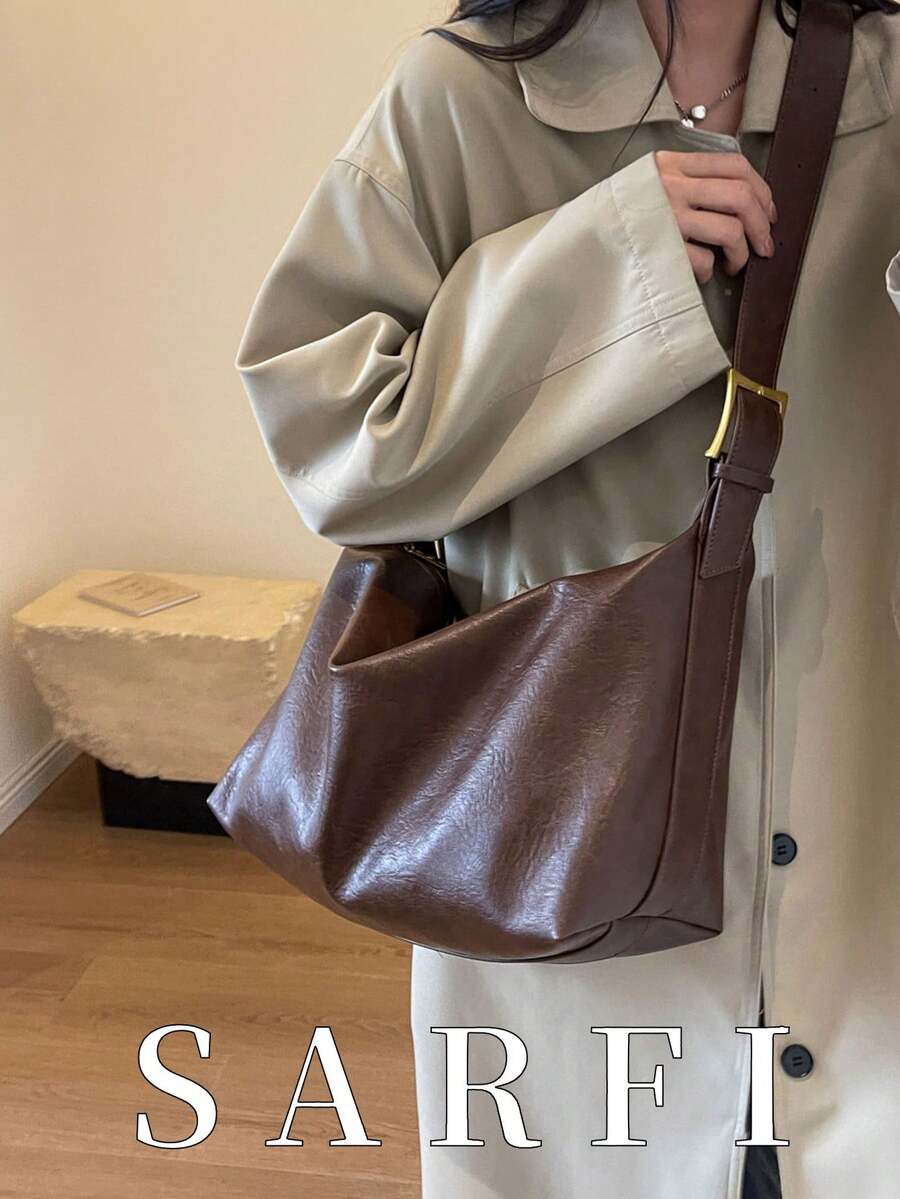 時尚百搭純色PU經典女款單肩包，極簡多功能可調節肩帶斜挎包/通勤包