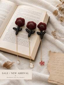 Cute Red Fabric Flower Pearl Chain Bookmark, Handmade Embroidered Reading Marker, Student Gift, Cute Rabbit Pearl Pendant Page Clip, Planner Decoration, School Pencil Case, Notebook, Bookmark, Teacher And School Supplies, 1pc 20cm*4cm - Rectangle - View 4