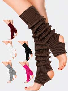 Women's Ribbed Stirrup Leg Warmers, Open Heel Knit Calf Sleeves With Lettuce Edge Trim, Stretchy Dance Warmers For Ballet, Y2K Street Style & Cozy Out - Multicolor - View 10