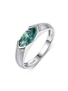 Besthing 1pc Fashion Glamorous S925 Sterling Silver 1CT Moissanite Blue-Green Marquise Couple Matching Wedding Ring, High Quality For Wedding, Daily Wear And Holiday Gift - Multicolor - View 12