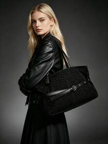 Vintage Black Leopard Print Underarm Tote Bag For Women, Adjustable Shoulder Strap, Leather Belt Decoration, Large Capacity, Commuter Shoulder Bag, Minimalist Versatile Daily Handbag, Suitable For Shopping, Wallet, Young Women, College Students, Newcomers, White-Collar Workers. Perfect For Office, University, Work, Business, Commute, Outdoor Activities, Travel And Outings - Black - View 6