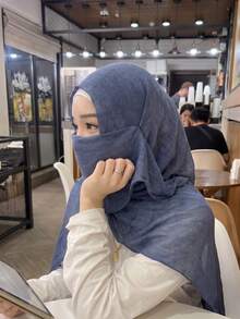 1件裝 紮染阿拉伯式薄款純色輕量休閒長圍巾，適合日常使用，荷葉邊希賈布，泰式希賈布 - 霧霾藍 - 查看 2