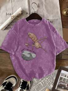 Men Shirts Marcus The Worm Retro T-Shirt - Cute Worm & Marcus Face Graphic Print, Soft Washed Vintage Short Sleeve Top, Small Round Neck Casual Summer - 淡紫色 - 查看 8