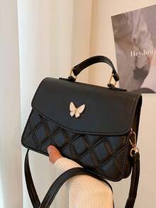 Black Diamond Quilted Flap Handbag, Shell Inlaid Butterfly Metal Decor Top Handle Crossbody Bag With Adjustable Strap - Black - View 3
