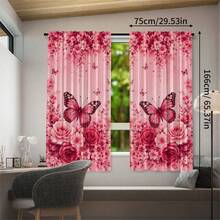 2pcs Butterfly Floral Pattern Printed Curtains, Single-Sided Printing, Semi-Sheer - Rod Pocket Curtains, Bedroom Living Room Kitchen Decor, Multiple Sizes Available, Privacy Protection, Machine Washable, Fade-Resistant Curtains, Bedroom Living Room Kitchen Decor (Rod Not Included) - Multicolor - View 12