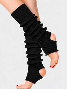 Women's Ribbed Stirrup Leg Warmers, Open Heel Knit Calf Sleeves With Lettuce Edge Trim, Stretchy Dance Warmers For Ballet, Y2K Street Style & Cozy Out - Multicolor - View 6