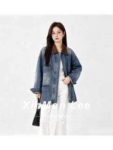 Brown American Retro Maillard Style Versatile Denim Jacket Zip-Up Top For College Office Daily Wear Spring Autumn - Blue - View 1