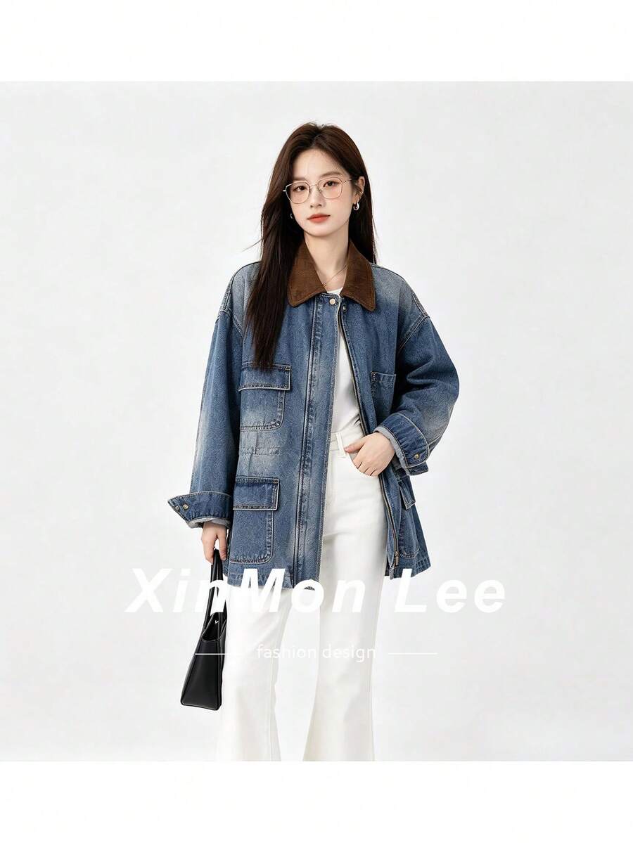 Brown American Retro Maillard Style Versatile Denim Jacket Zip-Up Top For College Office Daily Wear Spring Autumn - Blue - View 1
