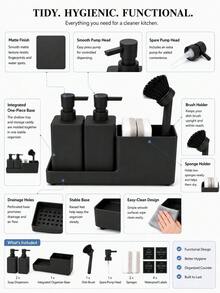 11pcs-Matte Black Kitchen Soap Dispenser, With Brush, Sponge Holder Set, Suitable For Kitchen Sink Hand Soap And Dish Soap Dispenser - Multicolor - View 8