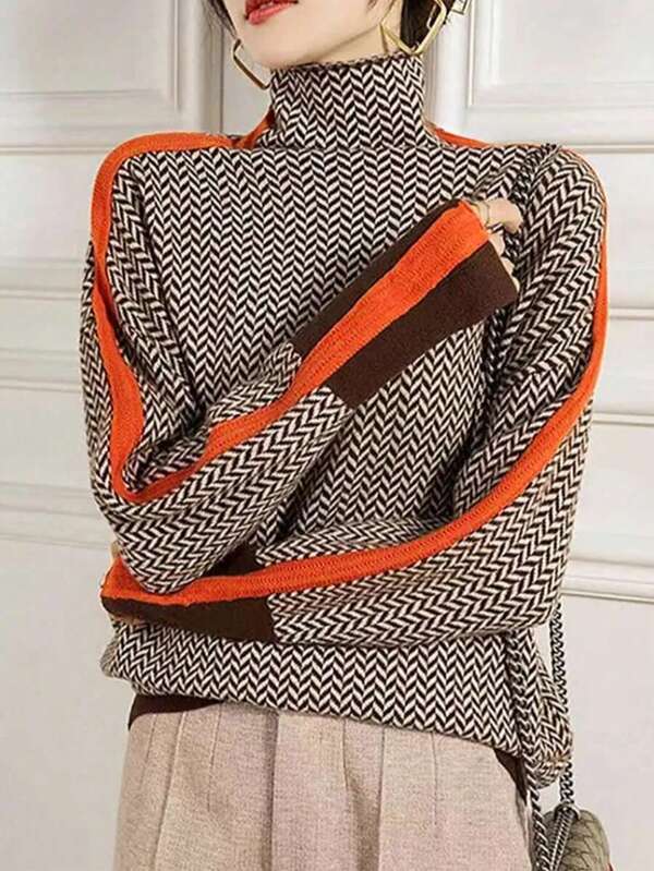 Eleganter Damen-Pullover mit hohem Kragen, geometrisches Fischgrätenmuster, Langarm mit orangefarbenen Zierstreifen, vielseitiges Herbstoutfit
