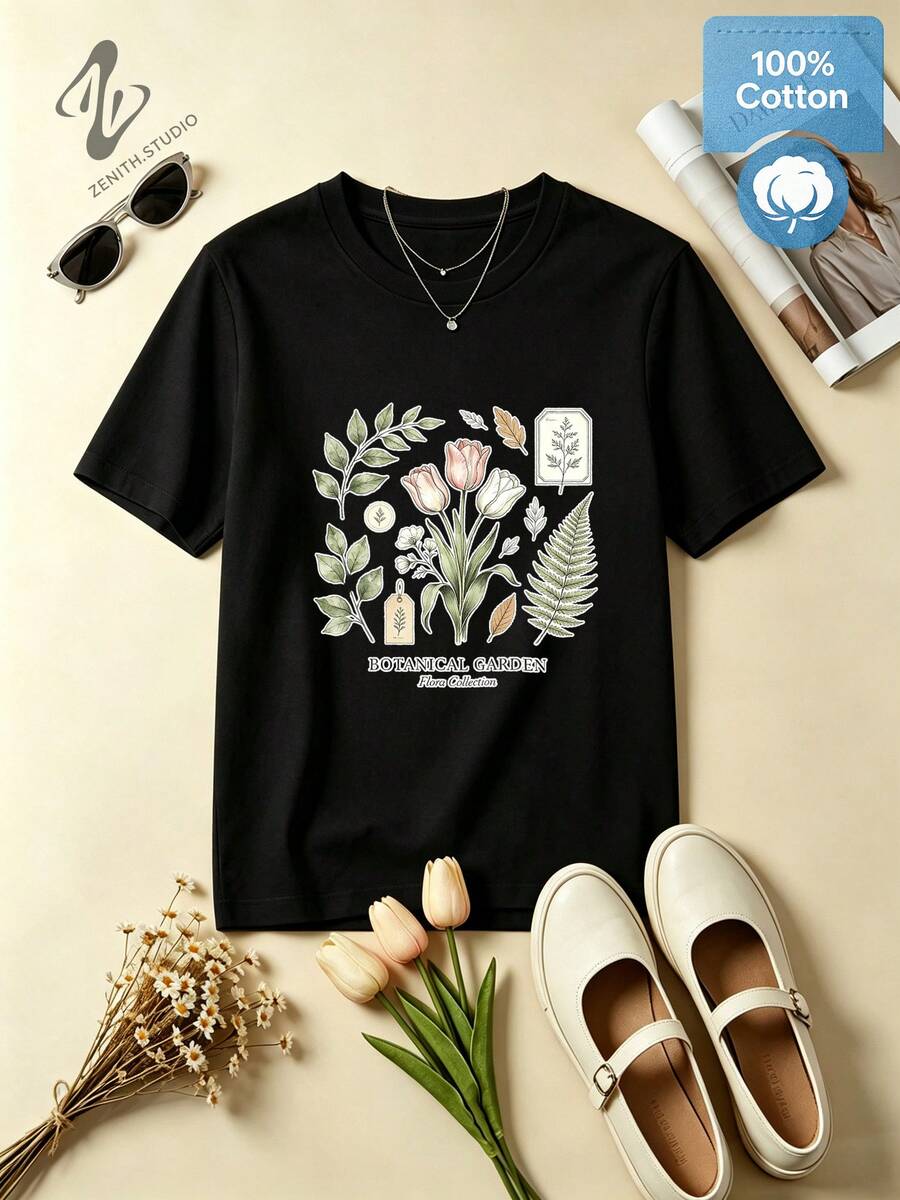 BOTANICAL GARDEN Elegantes Baumwoll-T-Shirt mit Blumen- & Farnblatt-Print für den Frühling, Cottagecore-Mode - Schwarz - Übersicht 1