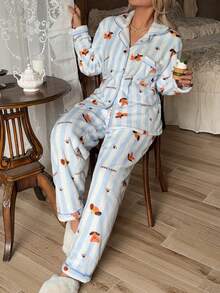 2pcs/Set Women's Winter Striped Puppy Pattern Plush Thick Thermal Lined Lapel Cardigan Long Sleeve And Long Pants Pajama Set - Blue and White - View 5