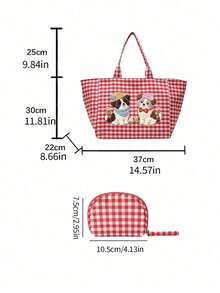 Puppy Pattern Plaid Tote Bag, Flat Cute Dog Print, Casual Plaid Shoulder Bag And Portable Coin Purse, Mini Makeup Bag With Zipper, Large Capacity Canvas Shoulder Bag, Slouchy Handbag, Multi-Functional Shopping Bag, Campus Style Tote Bag, Suitable For Shopping, Commuting, Back To School, Travel And Daily Use, Unique Birthday Gift, Holiday Gift, Party Gift, Teacher Gift - Multicolor - View 11