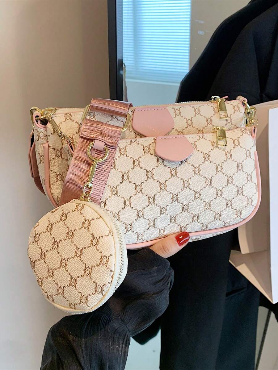 SHIMEINI 3pcs Set Fashion Vintage Pattern Shoulder Crossbody Bag, Suitable For Women's Daily Use, Work Commute, Vacation Travel, Holiday, Party, Shopping, Gift - Pink - View 1