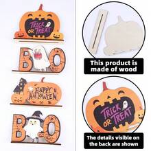 Rustikale freistehende Holz-Halloween-Tischdekoration, gruselige Boo-Geister-Kürbis-Spinnen-Hexen-Tafel, Spukhaus-Herbst-Etagere-Innen-Party-Mittelstück-Ornament-Geschenk - A - Übersicht 4