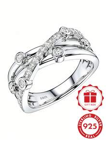 1 Stück 925er Sterlingsilber Mode Kubikzirkonia Linien-Wickel-Kreuz Damenring, elegant und luxuriös, geeignet für den täglichen Gebrauch, Geschenk, inklusive Geschenkbox - Silber - Übersicht 1