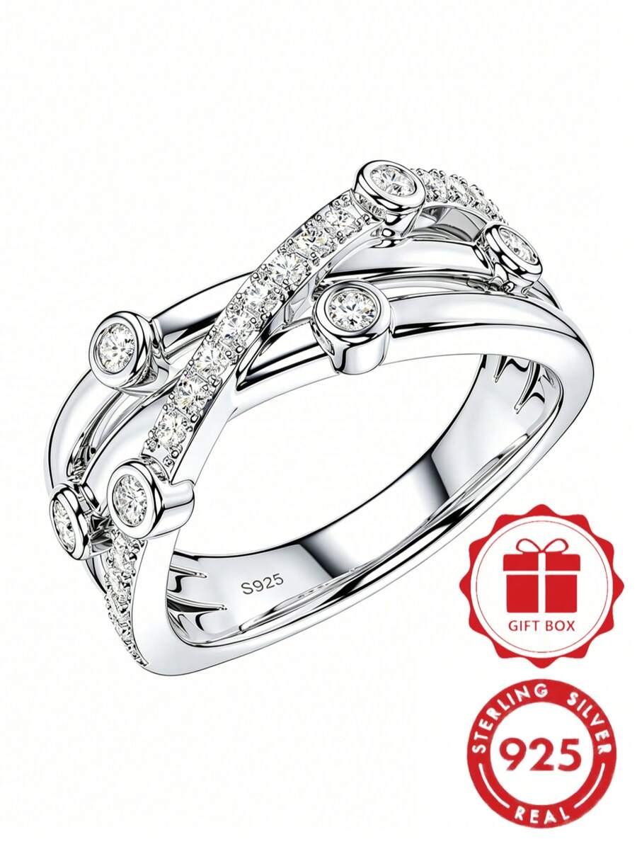 1 Stück 925er Sterlingsilber Mode Kubikzirkonia Linien-Wickel-Kreuz Damenring, elegant und luxuriös, geeignet für den täglichen Gebrauch, Geschenk, inklusive Geschenkbox - Silber - Übersicht 1