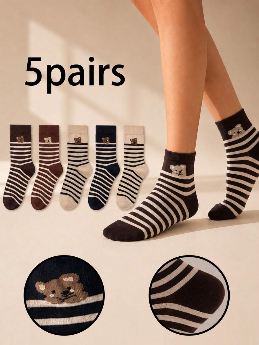 5 Pairs Maillard Vintage Coffee Brown Bear Striped Mid-Calf Socks, Casual Commute All-Season Versatile Women's Socks - Multicolor - View 1