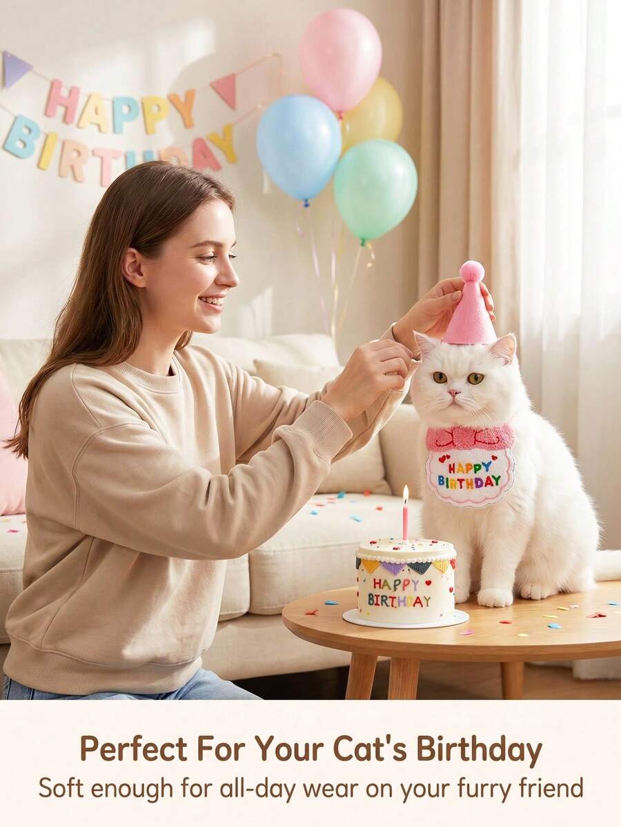 2pcs Cute Pet Birthday Party Set, Embroidered Bib And Adjustable Pom Pom Cone Hat, Pet Photography Props Accessories, Suitable For Small And Medium Cats And Dogs, 6 Colors Available, Cat And Dog Birthday Decoration Supplies - Multicolor - View 1