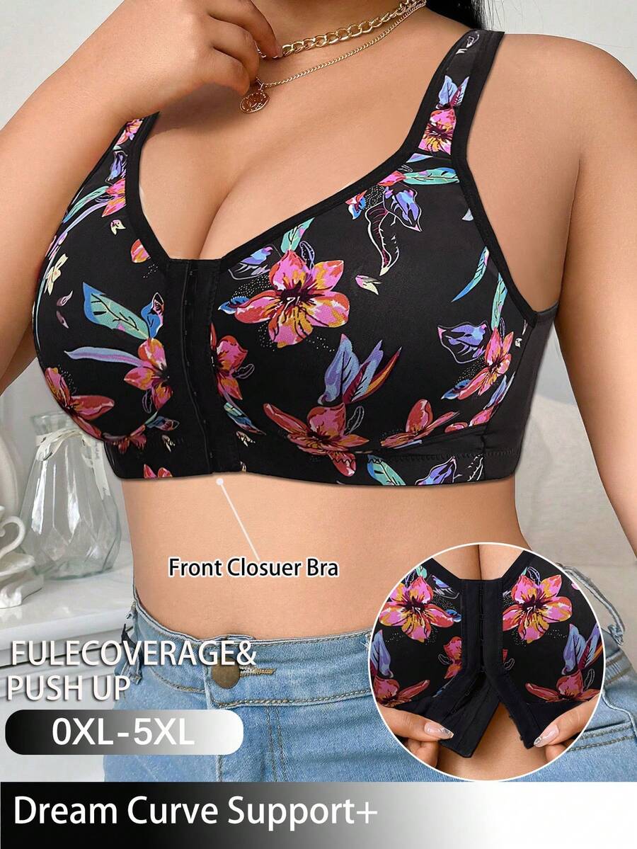 1pc Casual Comfortable Front Closure Plus Size Women's Bra Floral Print, Wire-Free Soft Comfortable Lingerie - Black - View 1