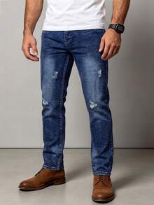Men's 4-Way Stretch Slim Tapered Water Ripple Washed Soft Touch Distressed Jeans - Blue - View 2