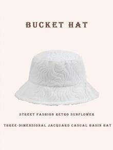 1pc Sun Wave Casual Streetwear Polyester Shell Jacquard Decor Bucket Hat, Geometric 3D Pattern, Spring Summer Autumn Winter - Vintage Sunflower White - View 1