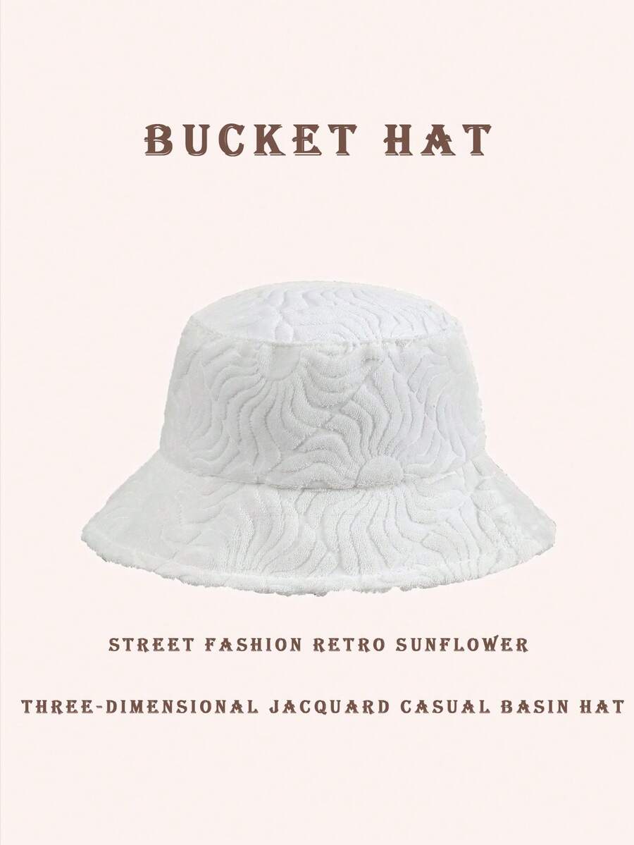 1pc Sun Wave Casual Streetwear Polyester Shell Jacquard Decor Bucket Hat, Geometric 3D Pattern, Spring Summer Autumn Winter - Vintage Sunflower White - View 1