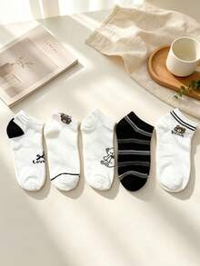 5 Pares de Meias Curtas com Estampa de Urso de Desenho Animado, Estilo Japonês Minimalista, Algodão, Casual, Esportivas, Cano Baixo, para Mulheres - Multicolorido - Visão 7