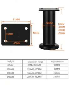1pc Adjustable Stainless Steel Furniture Leg, Thickened Metal Replacement Leg With Screws, Suitable For Cabinets, Desks, Tables, Chairs, Sofas, Beds - Black - View 2