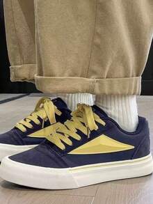 Unisex Fashion Versatile One-Piece Craft Contrast Color Side Triangle Minimalist Pattern Round Toe Low-Top Lace-Up Flat Skate Shoes Retro Style Daily Casual Navy Blue Yellow Canvas Sneakers - Navy Blue - View 2
