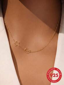 1pc S925 Sterling Silver Minimalist Personalized Fresh Dreamy Hollow Star Moon Side Necklace Korean Ins Artistic Style Niche Elegant Versatile Fashion Low-Key Gentle Atmosphere Neck Accessory Daily Commute Casual Shopping High-End Jewelry Graduation Season Gift - Stars and Moon - View 8