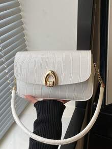 Borsa baguette in PU lucido con stampa coccodrillo, chiusura a torsione in metallo, catena a spalla/crossbody - Bianco - Visualizzare 8