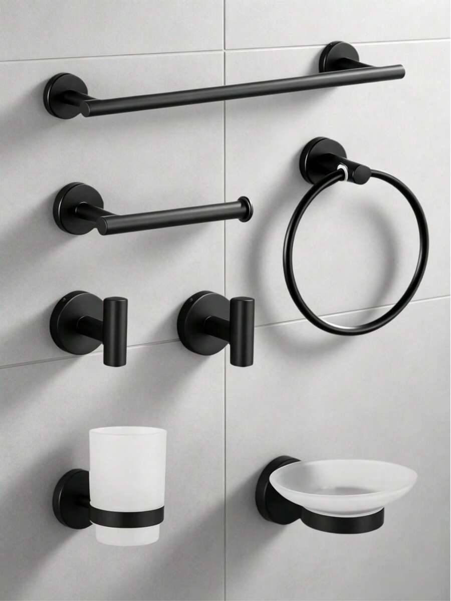 European Style Bathroom Storage Set Includes Stainless Steel Towel Ring, Towel Bar, Toilet Paper Holder, Robe Hook, Wall Hooks And Multi-Function Hanging Rod. - Multicolor - View 1