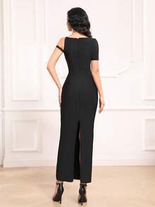 Gaun Maxi Wanita Hitam Musim Panas dengan Hiasan Berlian Imitasi dan Motif Bunga, Lengan Pendek Satu Bahu Asimetris, Model Bodycon, Elegan untuk Acara Malam Formal, Wisuda, dan Prom - Hitam - View 2