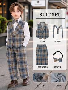 Young Boys 4-Piece Formal Suit Set Vest + Matching Pants + Exquisite Bow Tie + Matching Suspenders Suitable For Family Gatherings, Birthday Parties And Other Occasions High-End Suit - Blue - View 2