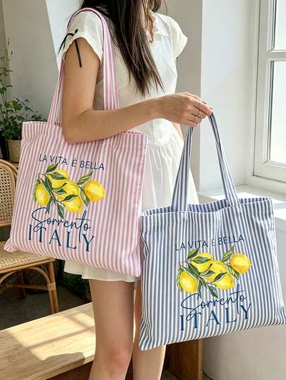 Italian Lemon Pattern Vintage Striped Tote Bag And Matching Colorblock Pouch, Bohemian Striped Beach Bag, Fresh Lemon Canvas Holiday Handbag, Durable Reusable Shopping Bag, Suitable For Daily Use, Church Outings, Travel And Work, Travel Handbag, Suitable For Beach Sunbathing, Picnic, Camping, Travel, Fitness, Pool Bag, Women's Weekend Bag, Unique Birthday Gift, Holiday Gift, Wedding Gift, Party Gift, Back To School Gift, School Season Gift.