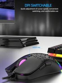 Mouse con cable iluminado arcoíris, RGB con diseño ahuecado para juegos en computadora - Negro - Ver 4